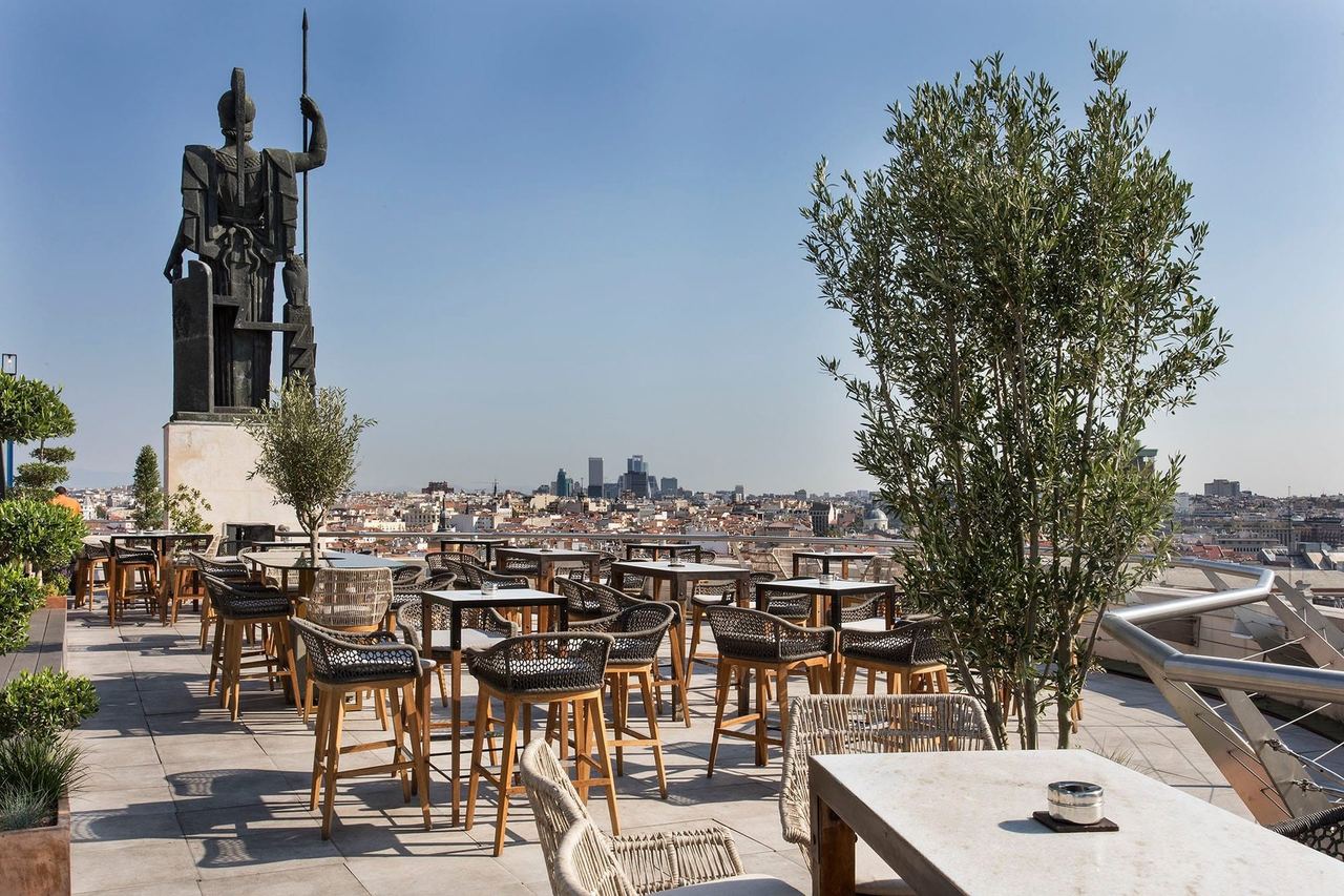 The roof terrace of the Círculo de Bellas Artes, with the statue of Minerva