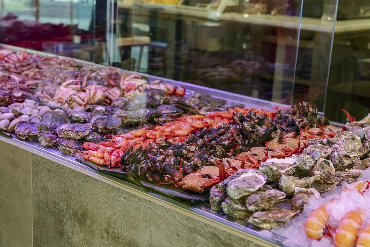 The seafood counter at O’Grelo, with lobster, crab and oysters on ice