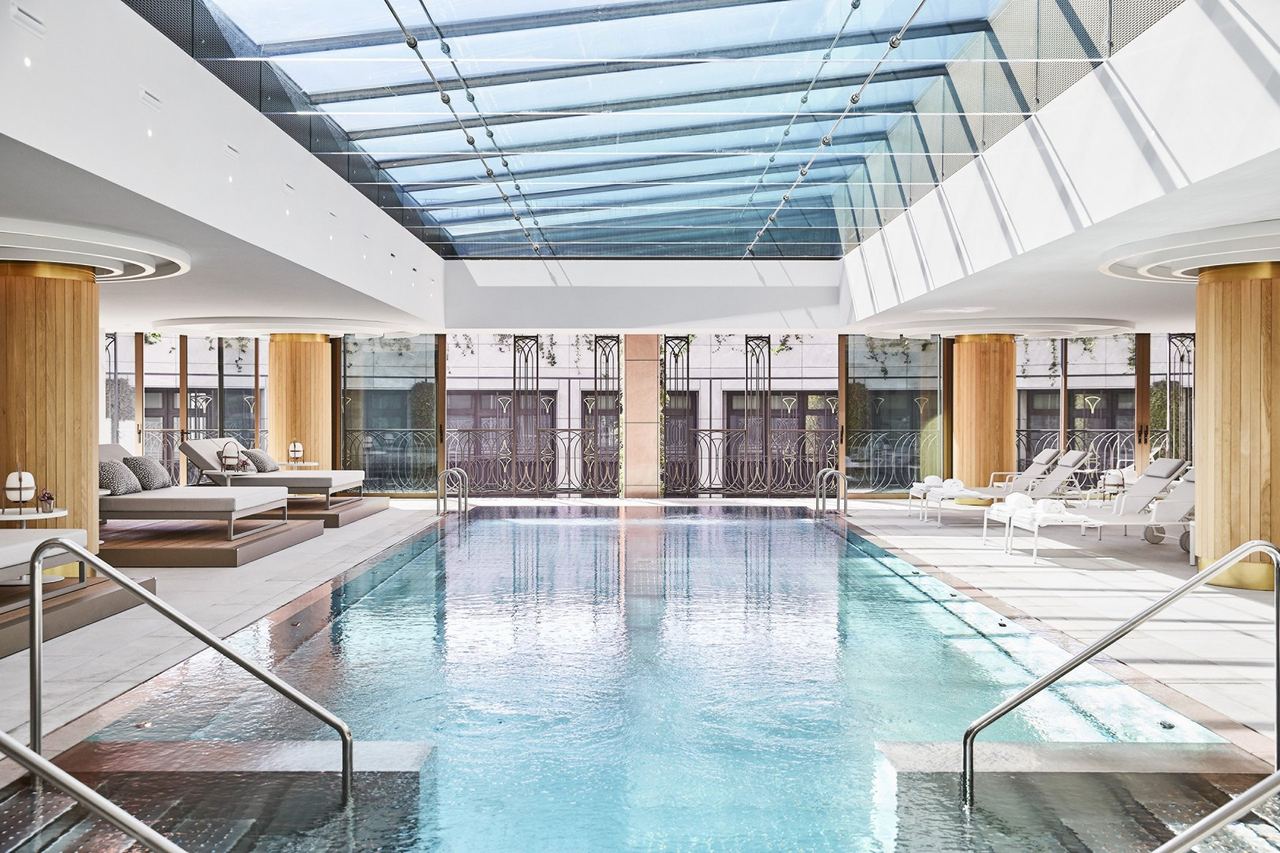The indoor pool of the Four Seasons spa under its skylight