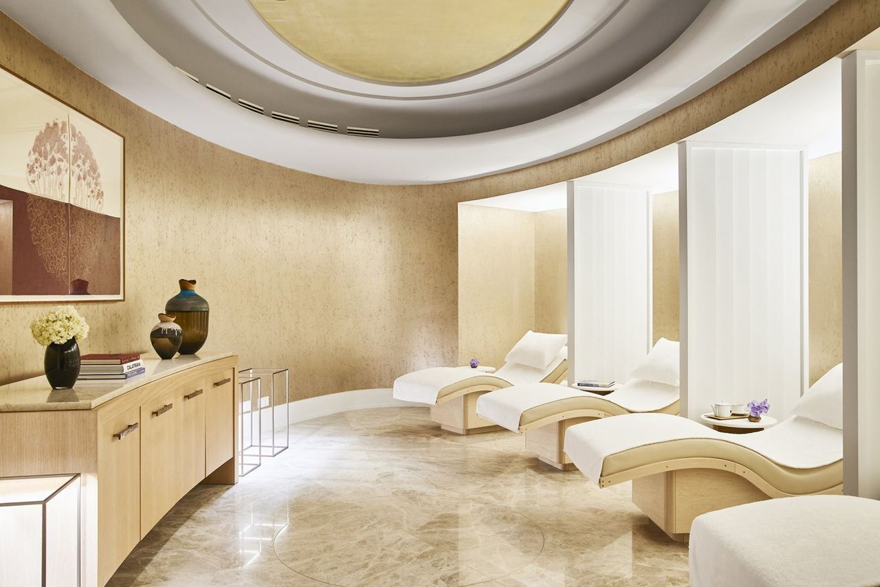 The relaxation room of the Four Seasons spa, with loungers beneath a domed ceiling